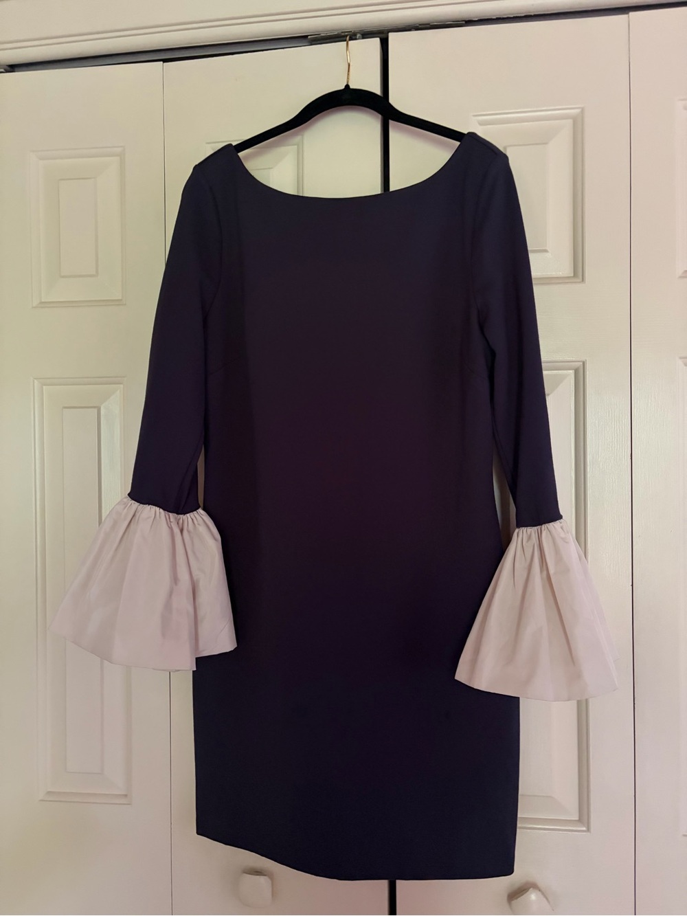 STAUD Blue Shift Dress with Cream Bell Sleeves - Picture 2 of 5